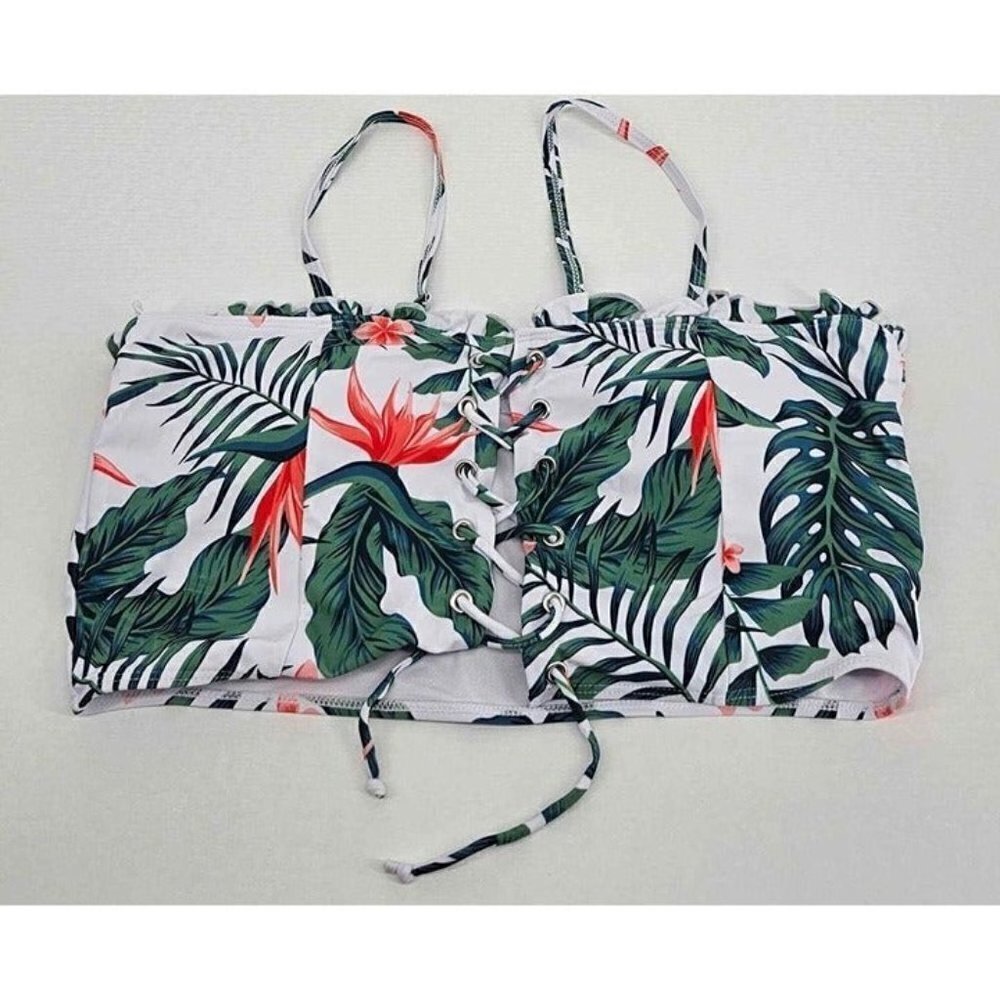 Tropical Leave & Flower Lace-up Ruffled Spaghetti Strap Green White Swim Top 2XL